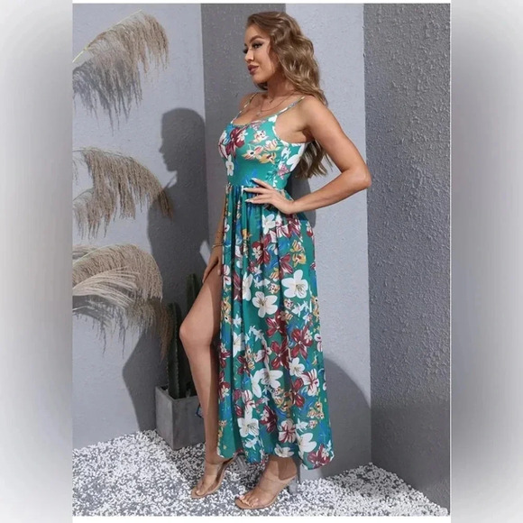 Women Summer Spaghetti Strap Romper Split Maxi Party Casual Dress - Picture 3 of 5